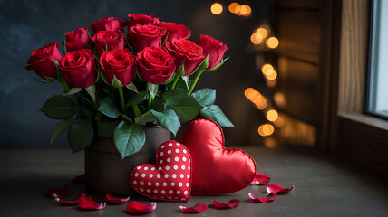 Lush red roses bouquet with hearts, petals and romantic bokeh
