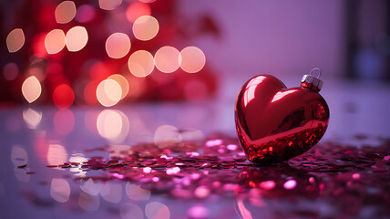 Romantic red heart ornament with glitter and warm bokeh lights