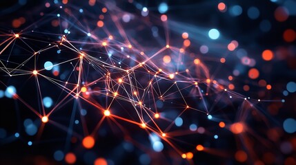 Complex network of interconnected nodes and lines, symbolizing data transmission and global connectivity