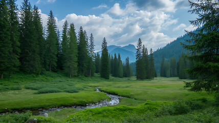 Verdant valley with a meandering river, forest, and distant peaks.
