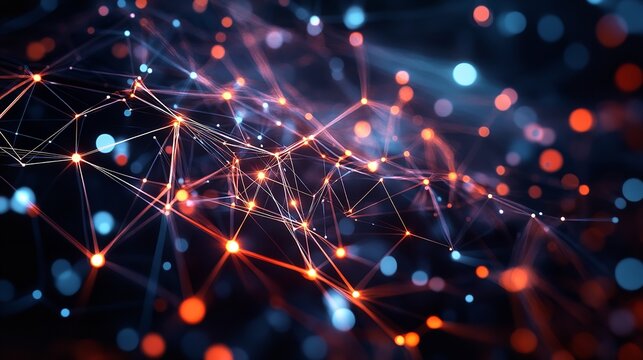 Complex network of interconnected nodes and lines, symbolizing data transmission and global connectivity