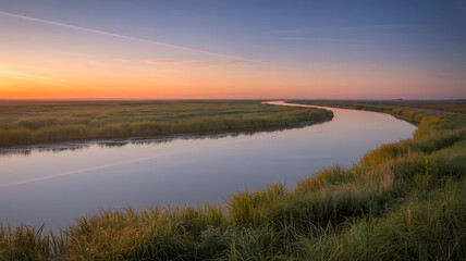 Sunrise over tranquil winding river through vast grassy wetland