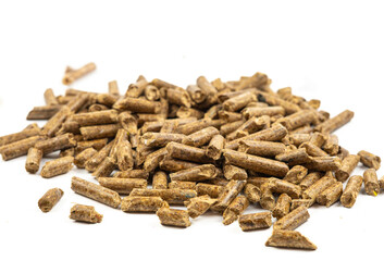 Wooden heating pellets on white background, eco fuel for stoves and boilers, renewable energy source