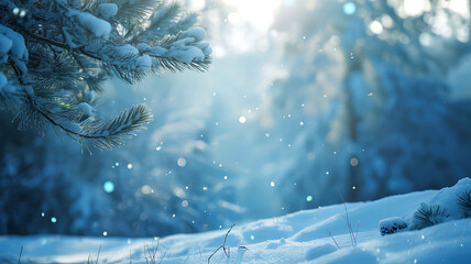 Winter forest bokeh, snow-covered pine branch in gentle sunlight