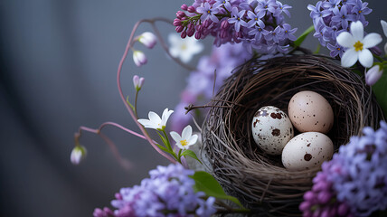 Bird's nest with speckled eggs amidst vibrant spring lilac flowers
