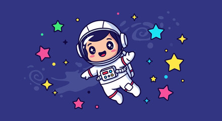 Fototapeta premium Cute cartoon astronaut character cheerfully floats in a vibrant space scene, surrounded by colorful stars and cosmic elements, perfect for children's imaginative adventures