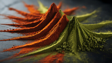 Vibrant green and orange powder peaks and trails, studio shot.