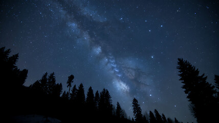 Milky way galaxy shining bright above dark forest trees at night
