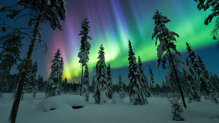 Aurora borealis vibrant glow above snow-covered winter forest