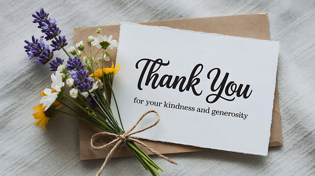 Gratitude card 'thank you' with wildflowers and rustic envelope.