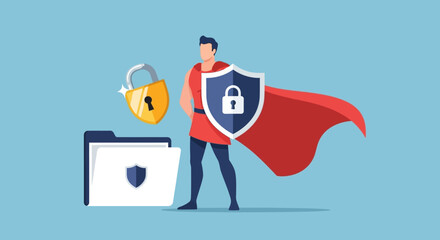 Digital data protection concept with a superhero guardian ensuring secure files, representing robust online safety and cyber defense against threats