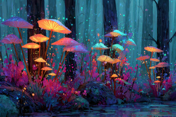 Mushrooms in a mystical forest emit a neon glow. Fluorescent glow from mushrooms