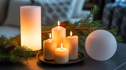Cozy holiday candle display with festive evergreen decorations