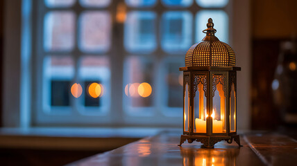 Ornate oriental lantern with lit candles by window, soft bokeh