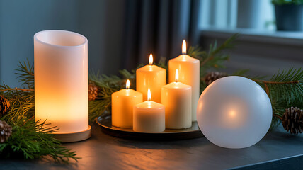 Cozy holiday ambiance with festive candles and pine decorations