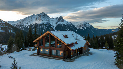 Rustic log cabin nestled in snowy mountains at tranquil sunset.