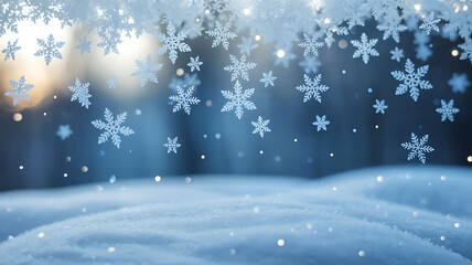 Magical winter snow scene with falling snowflakes and sparkling bokeh
