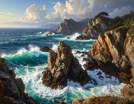 A vibrant seascape showcases crashing turquoise waves against rugged, sunlit cliffs. Wispy clouds dot a clear, azure sky above