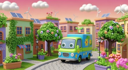 Eco-friendly cartoon town with a cute truck, solar panels.