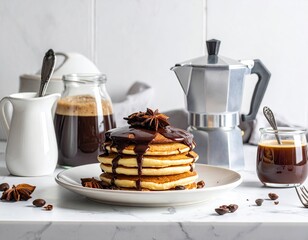 Pancakes with Chocolate Syrup and Coffee - A Delicious Breakfast Still Life.