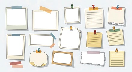 Blank memo papers, sticky notes, photo frames, taped and pinned