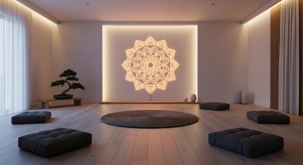 Serene yoga meditation room with glowing mandala and bonsai
