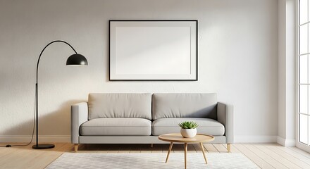 Interior living room with sofa, arc lamp, coffee table, blank frame