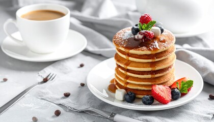 Pancakes with Berries and Coffee - A Delicious Breakfast Still Life.
