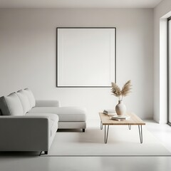 Minimalist living room interior design with blank frame and sofa