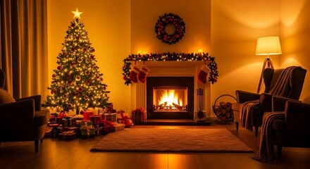 Cozy christmas evening with decorated tree and a warm fireplace.
