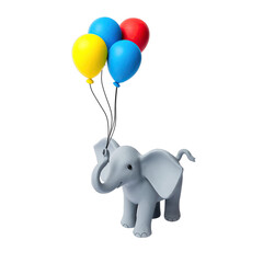 A light gray elephant figurine holding onto colorful balloons with a transparent background