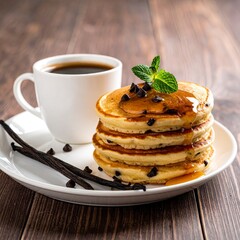 Pancakes with Coffee - A Delicious Breakfast Treat on a Wooden Table.