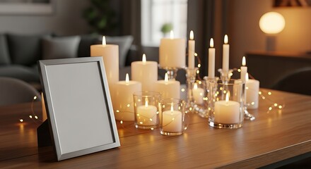Blank photo frame and glowing candles creating a warm home ambiance