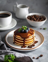 Pancakes with Chocolate Syrup, Blueberries, and Coffee.