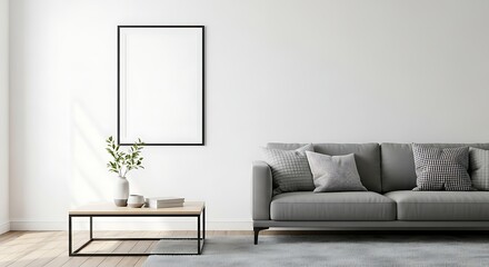Contemporary minimalist interior living room with grey sofa.