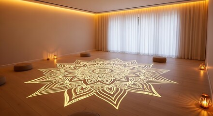 Zen meditation studio with illuminated mandala pattern on floor