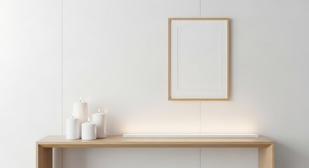 Serene minimalist interior with burning candles and blank frame