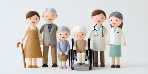 笑顔で元気にリハビリを頑張る人と家族や介護士（ニット・3D）／まみおデザイン福祉シリーズ