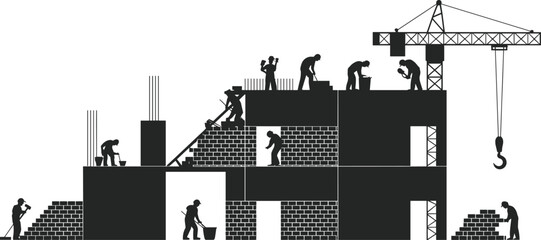 Construction workers building modern structure, teamwork on industrial site, crane lifting materials, architecture development, engineering and urban infrastructure progress