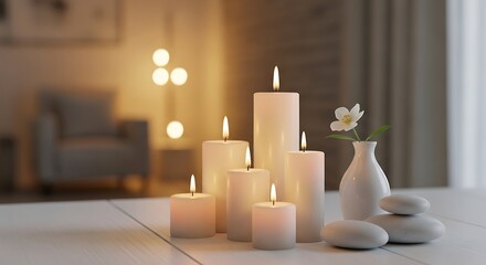 Pillar candles, white flower, and spa stones on table at home