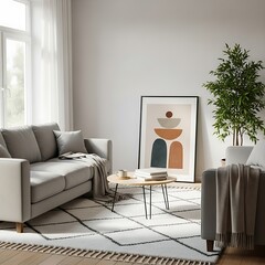 Stylish living room with grey sofa, abstract art, and plants.