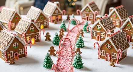 Gingerbread village with candy canes, gingerbread men, festive scene