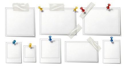 Collection of blank white notes attached with pushpins and tape