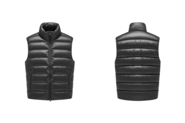 Two views of a black puffer vest with horizontal quilting and a high collar isolated on transparent background