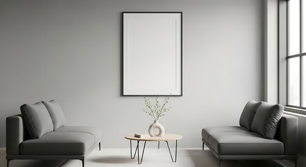 Minimalist modern living room interior with blank frame & sofas.