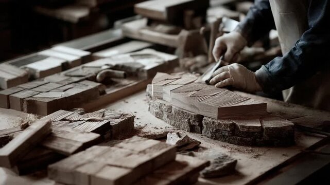 Crafting Expertise: A skilled artisan meticulously sculpts wood at a workbench in a warm, inviting workshop. This image shows the beauty of craftsmanship.