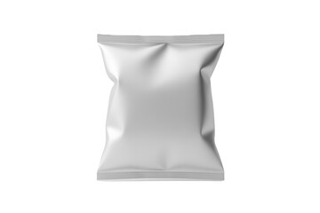 Blank white rectangular snack food packaging pouch with crimped edges isolated on transparent background