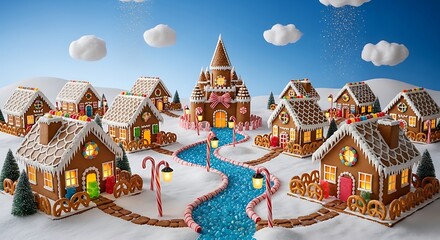 Whimsical gingerbread village with a grand castle and candy stream