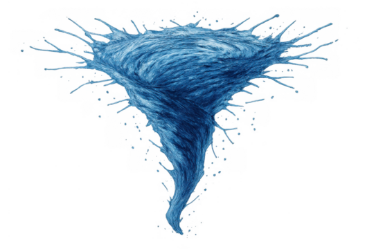 Blue swirling water vortex creating a powerful abstract whirlpool effect with splashing droplets, transparent background