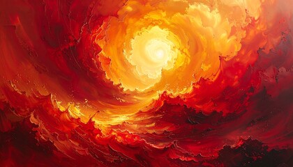A vibrant, swirling, abstract depiction, dominated by fiery reds and golds. A luminous core bursts forth